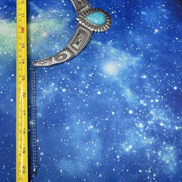 Antique Silver & Turquoise Western Southwestern Bohemian Statement Necklace NEW - Picture 7 of 8